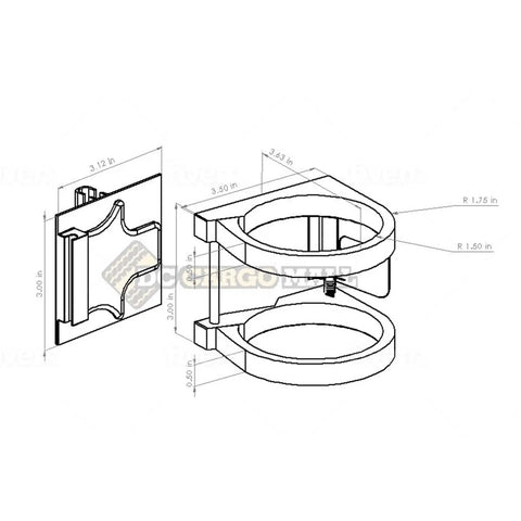 Technical drawing of an E Track Fire Extinguisher Bracket For Truck And Trailer With Quick Release Tech Fits 2.5 Lb Extinguishers