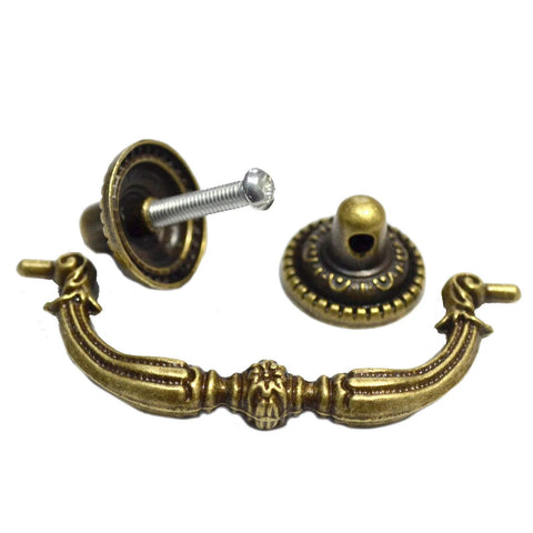 Set Of Four Antique Bronze Drawer Pulls Black Finish With Victorian Floral Design for cabinets, showing pull and mounting screws