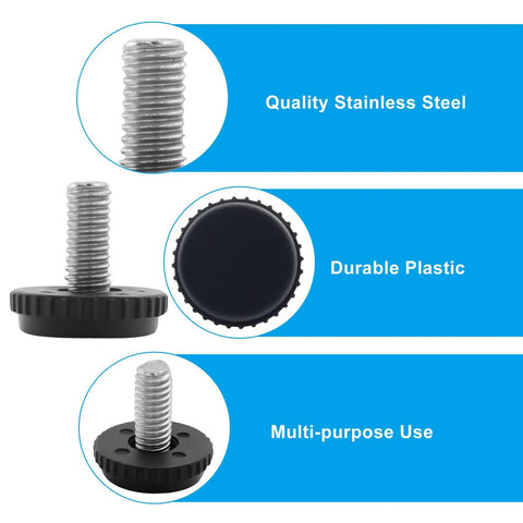 Set Of 4 Heavy Duty Adjustable Leveling Feet With 5 16 18 Threads Made From Tough Rust Resistant Stainless Steel To Keep Your Patio Gear Locked Down Tight While Eliminating Any Wobbly Nonsense Year Round, showing stainless steel and plastic components.