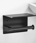 Black Toilet Paper Holder With Shelf And Phone Shelf Self Adhesive No Drill Wall Mount Stainless Steel Front Folding Design Keeps Items From Slipping Extended Rod Space For Wipes And More In Bathroom