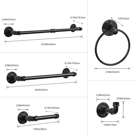 Industrial Pipe Bathroom Hardware Set Seven Piece Wall Mount Kit with towel bars, towel ring, and toilet paper holder dimensions.