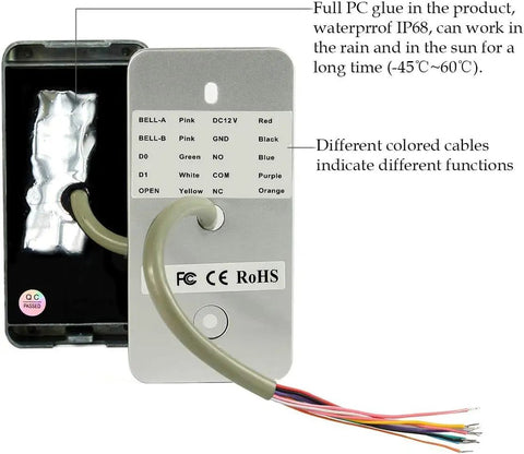Built Tough RFID Access Control Keypad With Wiegand 26Bit showing wiring and weatherproof design, zinc alloy construction.