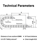 Technical diagram of Heavy Duty Semi Enclosed Drag Chain Cable Carrier for CNC Machines, showing dimensions and bend radius.