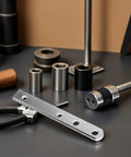 Premium 2-Piece Heavy Duty Manual Rebar Bender Metal Wire Forming Tool components on a workbench with various metal tools.