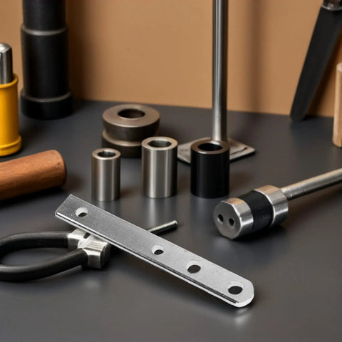 Premium 2-Piece Heavy Duty Manual Rebar Bender Metal Wire Forming Tool components on a workbench with various metal tools.