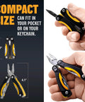 Front view of a yellow and black 12-in-1 multitool with knife and pliers; 2.7 in closed, 4.1 in open