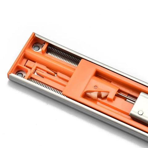Full Extension Drawer Slides Stainless Steel Soft Close Three Section Drawer Rails For Cabinets With Detachable Quick Release Latches And No Fuss DIY Friendly Tool Free Installation 20 Inch 50 Cm close-up showing orange latch mechanism