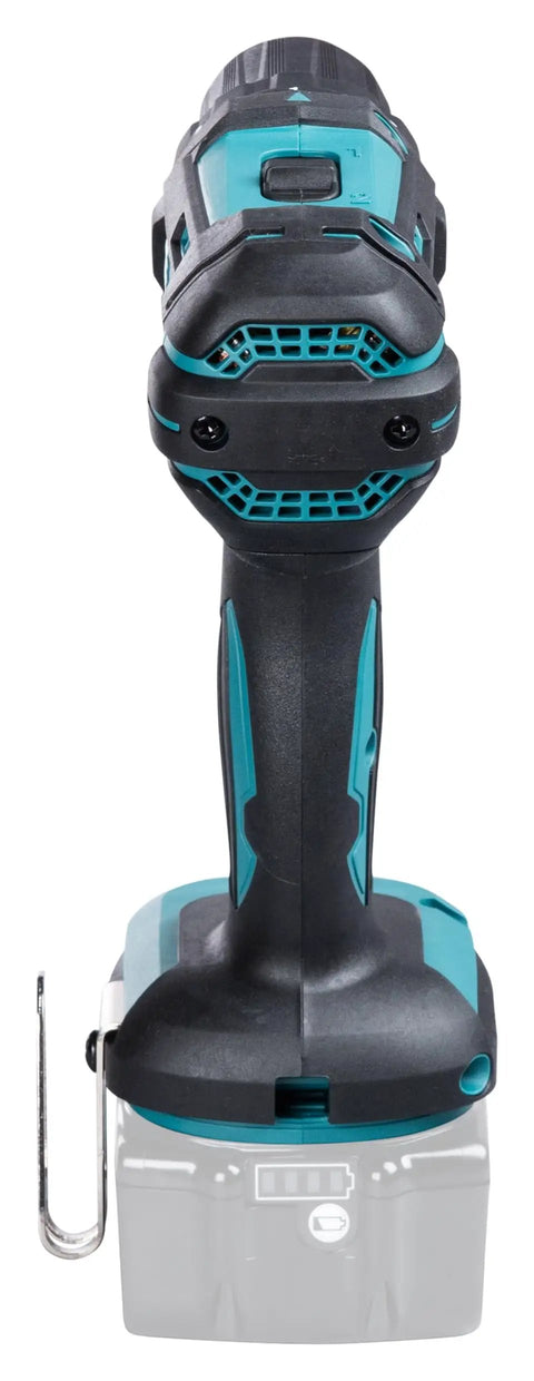 Badass Compact 18V Cordless Driver Drill Body Only Equipped With Heavy Duty Metal Gears And Twenty Two Clutch Settings Providing Knockout Torque For Serious Job Site Grind front view with battery holder.