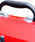 Close-up of handle on ATB213 Torin 16 Inch Hip Roof Style Portable Steel Tool Box With Metal Latch Closure Red, Heavy Duty Garage Organizer