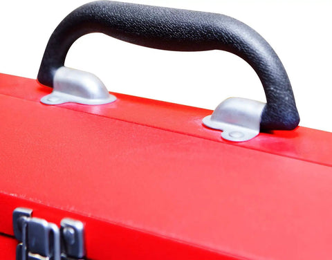 Close-up of handle on ATB213 Torin 16 Inch Hip Roof Style Portable Steel Tool Box With Metal Latch Closure Red, Heavy Duty Garage Organizer