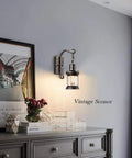 Rustic Lantern Wall Sconce Lights Plug In Oil Rubbed Bronze Antique Fixtures, mounted above a dresser in a bedroom.