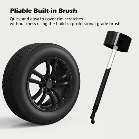 Black Rim Touch Up Paint Kit For Cars With Brush Quick Wheel Scratch Repair Automotive Rim Paint For Curb Rash And Surface Damage Easy DIY Rim Repair 1 Oz 30 Ml next to a black tire wheel
