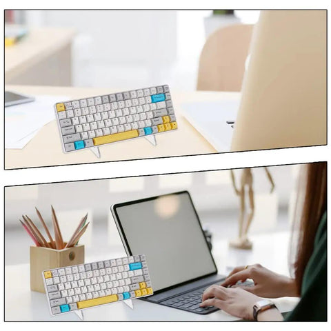Clear Acrylic Keyboard Stand 1 Tier Desk Holder Space Saving Keyboard Tray in office with computer tablet setup