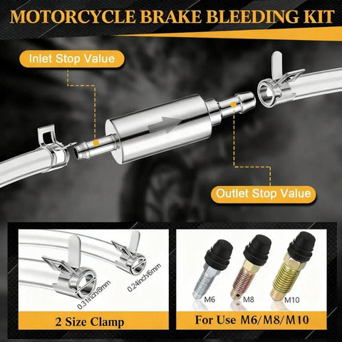 Two Piece Brake Bleeder Hose Kit With One Way Check Valve For Cars And Motorcycles DIY Friendly Bleeder Tool displayed with components