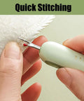 Close-up of hand using 2 In 1 Needle Threader And Seam Ripper Kit For Sewing And Crafting, Must Have In Green for quick stitching.