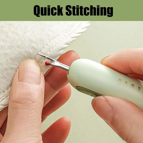 Close-up of hand using 2 In 1 Needle Threader And Seam Ripper Kit For Sewing And Crafting, Must Have In Green for quick stitching.