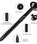 Heavy Duty Number 14 X 6 Inch Deck Screws 56 Pack Black Epoxy Coated Rust Resistant showing T30 Torx drive and knurling for wood support.