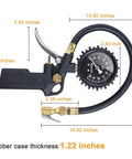 AstroAI tire pressure gauge with inflator, 2.5-inch glow dial, black body with brass fittings and hose (front view)