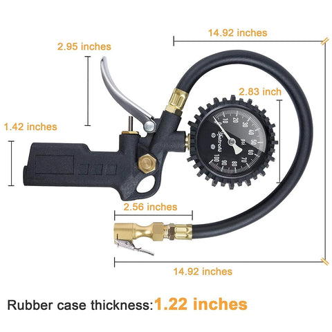 AstroAI tire pressure gauge with inflator, 2.5-inch glow dial, black body with brass fittings and hose (front view)