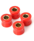 Built Tough Four Piece Rear Shock Absorbing Suspension Bushings Kit 10mm Rubber Vibration Dampeners In Fiery Red close-up of red rubber bushings.