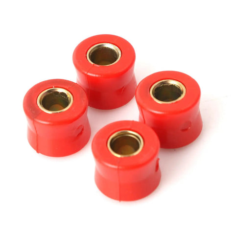 Built Tough Four Piece Rear Shock Absorbing Suspension Bushings Kit 10mm Rubber Vibration Dampeners In Fiery Red close-up of red rubber bushings.