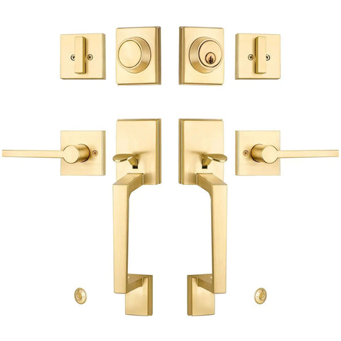 Double Front Door Handle Set With Satin Brass Exterior Lock Front Door Handle And Single Cylinder Deadbolt Heavy Duty Door Hardware Set