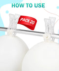 20 Pack Clear 3.5 Inch Spring Balloon Arch Clips Set securing balloons on a metal rod for party backdrops and displays.