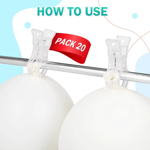 20 Pack Clear 3.5 Inch Spring Balloon Arch Clips Set securing balloons on a metal rod for party backdrops and displays.