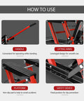 Heavy Duty Hydraulic Motorcycle Lift Jack Up To 1500 Lbs Portable Steel ATV Lift Stand With Wheels And Handle Great For Motorcycles Dirt Bikes And ATVs Red, showing handle, lifting arms, platform, and safety device.