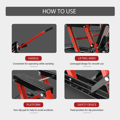 Heavy Duty Hydraulic Motorcycle Lift Jack Up To 1500 Lbs Portable Steel ATV Lift Stand With Wheels And Handle Great For Motorcycles Dirt Bikes And ATVs Red, showing handle, lifting arms, platform, and safety device.