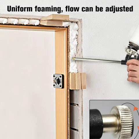 Beefy Foam Gun Pro Heavy Duty PU Expanding Caulking Gun applying foam in door frame, detail of flow adjustment knob