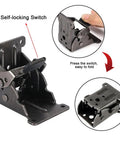 Heavy Duty Four Piece Folding Brackets For Table And Bed Legs With Self Lock Hinge Hardware Premium Galvanized Finish Steel Screws No Sweat Setup Furniture Conversion Rock Solid Build showing self-locking switch and foldable design.