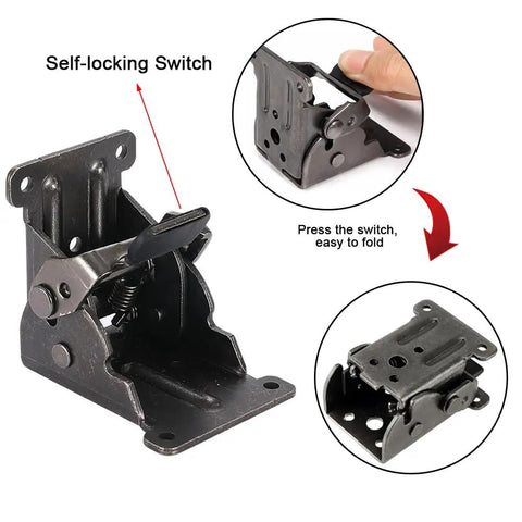 Heavy Duty Four Piece Folding Brackets For Table And Bed Legs With Self Lock Hinge Hardware Premium Galvanized Finish Steel Screws No Sweat Setup Furniture Conversion Rock Solid Build showing self-locking switch and foldable design.