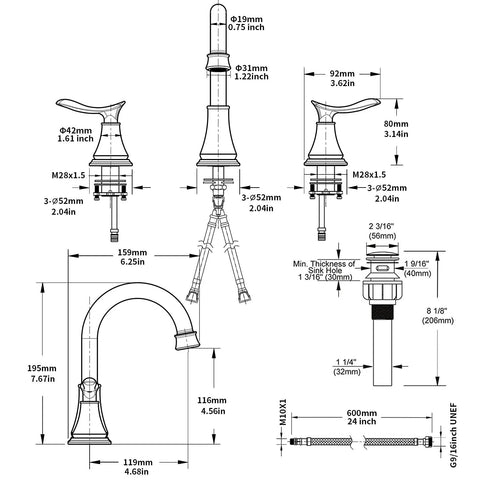 Technical drawing of 2-Handle 8 Inch Widespread Bathroom Sink Faucet With Brushed Nickel Finish, 360 Degree Swivel Spout, 3 Hole Installation.
