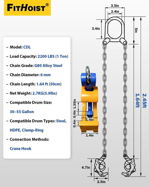Heavy Duty 55 Gallon Drum Lifter With 1 Ton Capacity, Spring-Loaded Alloy Steel Jaws, G80 Chain Barrel Clamp, Crane Hook And Hoist Compatible, Moves Steel And Plastic Drums For Oil, Waste, Feed Handling with dimensions shown