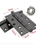 Close-up of 5-inch matte black stainless steel ball bearing door hinge with dimensions, showing rust-resistant square corner design.