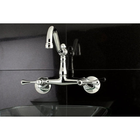 Old-School Vintage Wall Mount Kitchen Faucet Brushed Nickel With Solid Brass Construction, black backdrop view