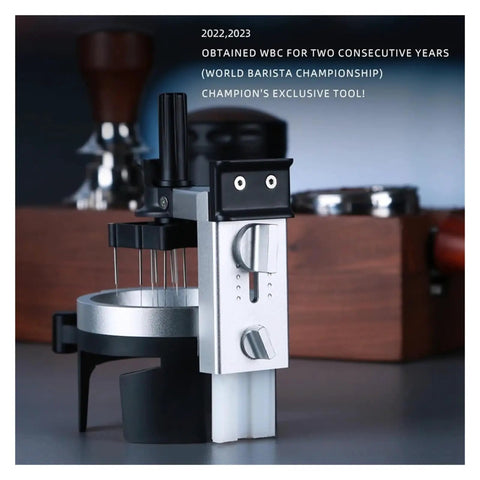 Real Talk This Rotating Espresso Coffee Distributor Hits Different With Twelve Precision Needles leveling coffee on a countertop.