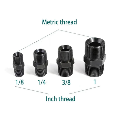 Premium Metric To Inch Hydraulic Adapters Fitting Kit For Heavy Duty Plumbing And Auto Repair Projects Ensuring Secure Leakproof Connectors On Machines With Both Measurement Standards With Brass Build Quality Guaranteeing Long Lasting Durability. Black metric-to-inch hydraulic adapters, 1/8 to 1 inch