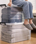 No Fuss Big 40 Pack 90 Qt Clear Plastic Storage Bins With Snap Lock Lids stacked with blankets, durable, ideal for home organization.