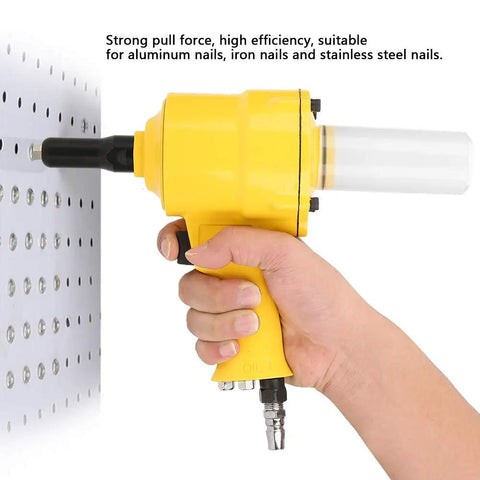 Built Like A Tank Pneumatic Rivet Gun Featuring An Easy Grip Design And Rapid Air Powered Drive For Auto Repair And Metal Fabrication 2 Point 4 To 4 Point 8 mm Fasteners In Bright Yellow, held in hand using aluminum nails.