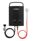 Outdoor Propane Tankless Water Heater 5L with 1.32 GPM On Demand Hot Water Adjustable Temp and Flow Portable Shower System for Camping RV Tailgating AY132B Black, shown with hose and knobs