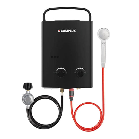 Outdoor Propane Tankless Water Heater 5L with 1.32 GPM On Demand Hot Water Adjustable Temp and Flow Portable Shower System for Camping RV Tailgating AY132B Black, shown with hose and knobs