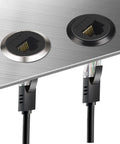 Hella Sleek Cat6 Rj45 Panel Mount Connector With Threaded Bulkhead Coupler showing two connectors on a metallic surface.