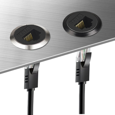 Hella Sleek Cat6 Rj45 Panel Mount Connector With Threaded Bulkhead Coupler showing two connectors on a metallic surface.