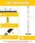 Installation steps for 2 In 1 Lawn Dethatcher Rake With Dual Side Tines, Heavy Duty 15 Inch Rake, 76-inch adjustable handle shown.
