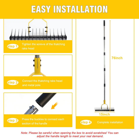 Installation steps for 2 In 1 Lawn Dethatcher Rake With Dual Side Tines, Heavy Duty 15 Inch Rake, 76-inch adjustable handle shown.