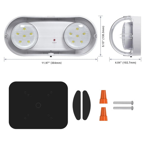 Heavy Duty Outdoor Emergency Light With Battery Backup And Hardwired Exterior Exit Fixtures showing LED lights, dimensions, and mounting hardware.
