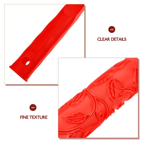 Close-up of the red rubber handle of the Professional Grade Slick Wood Grain Texture Paint Roller for DIY home makeovers.