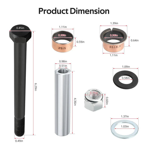 Dimensions of components in Spindle King Pin Tube Bushing Kit For EZGO TXT PDS 2001 And Up Heavy Duty Bushings